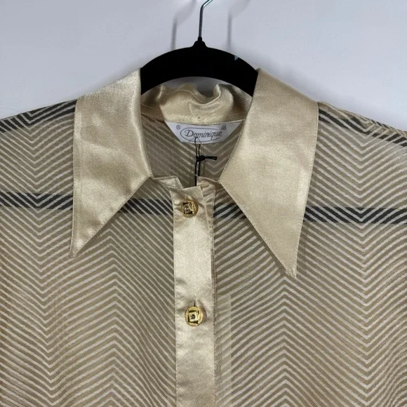 Dominique Gold Satin Button Down Blouse with Chevron Pattern Long Sleeve Size 45 - Picture 6 of 11